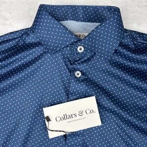 NWT Collars & Co Dress Collar Polo Shirt Men S Navy Blue with White Polka Dots